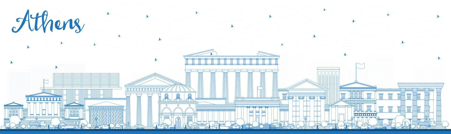 Outline Athens Greece City Skyline with Blue Buildings. vector