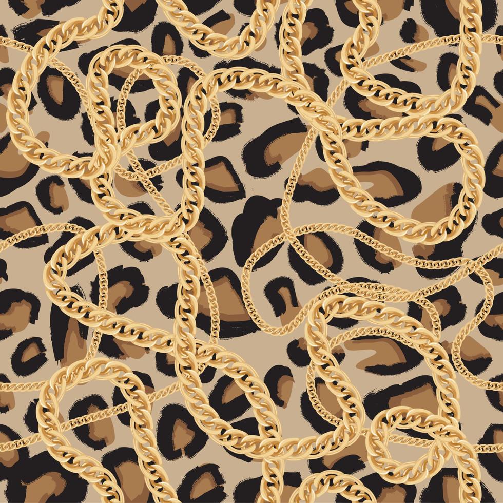 Leopard Seamless Pattern with Golden Chain. Vector Illustration.