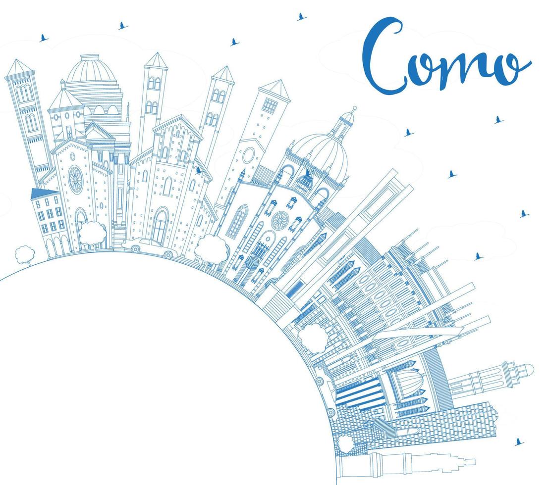 Outline Como Italy City Skyline with Blue Buildings and Copy Space. vector