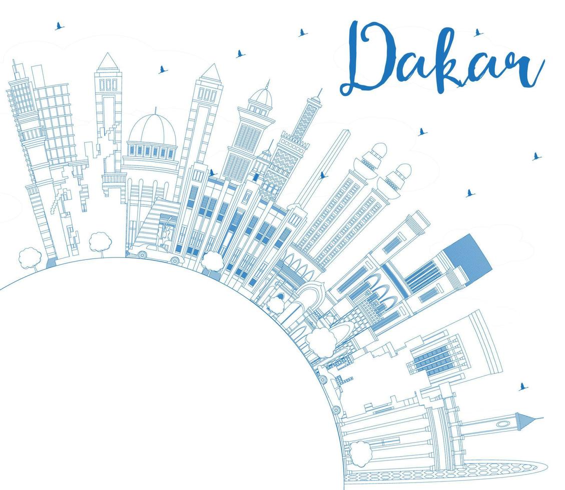 Outline Dakar Senegal City Skyline with Blue Buildings and Copy Space. vector