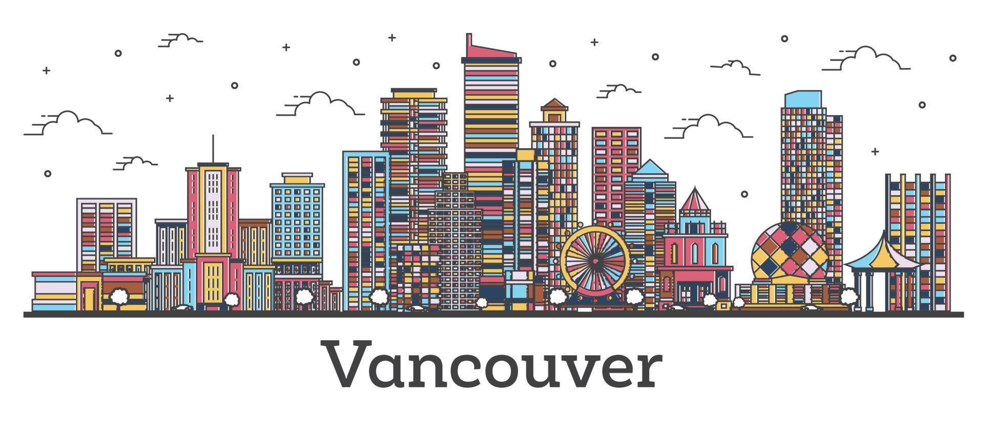 Outline Vancouver Canada City Skyline with Color Buildings Isolated on White. vector