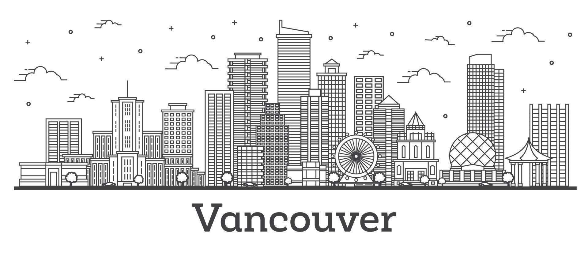 delinear el horizonte de la ciudad de vancouver canadá con edificios modernos aislados en blanco. vector