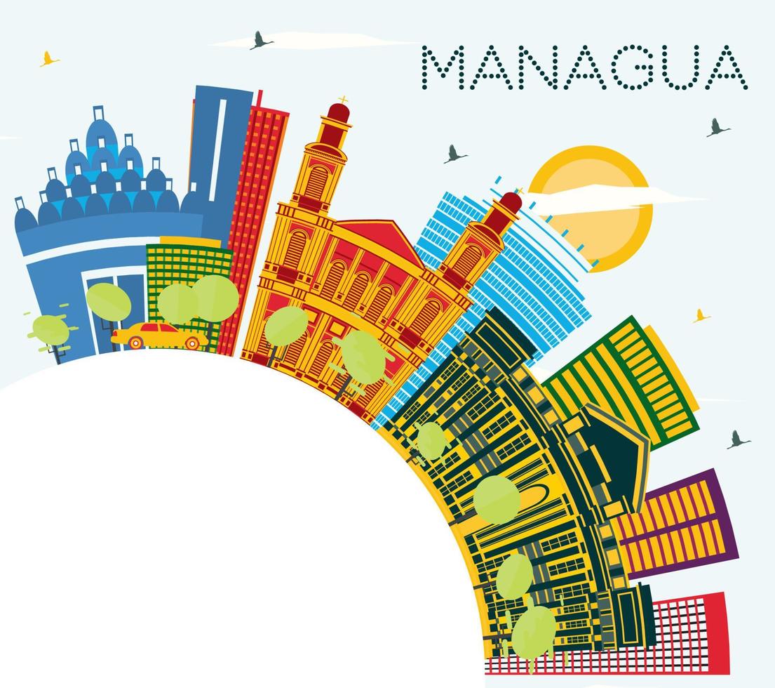 Managua Nicaragua Skyline with Color Buildings, Blue Sky and Copy Space. vector