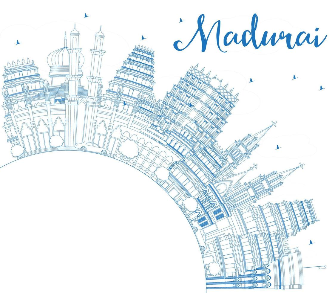 Outline Madurai India City Skyline with Blue Buildings and Copy Space. vector