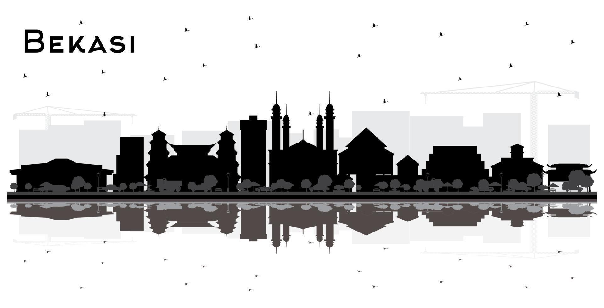 silueta del horizonte de la ciudad de bekasi indonesia con edificios negros y reflejos aislados en blanco. vector