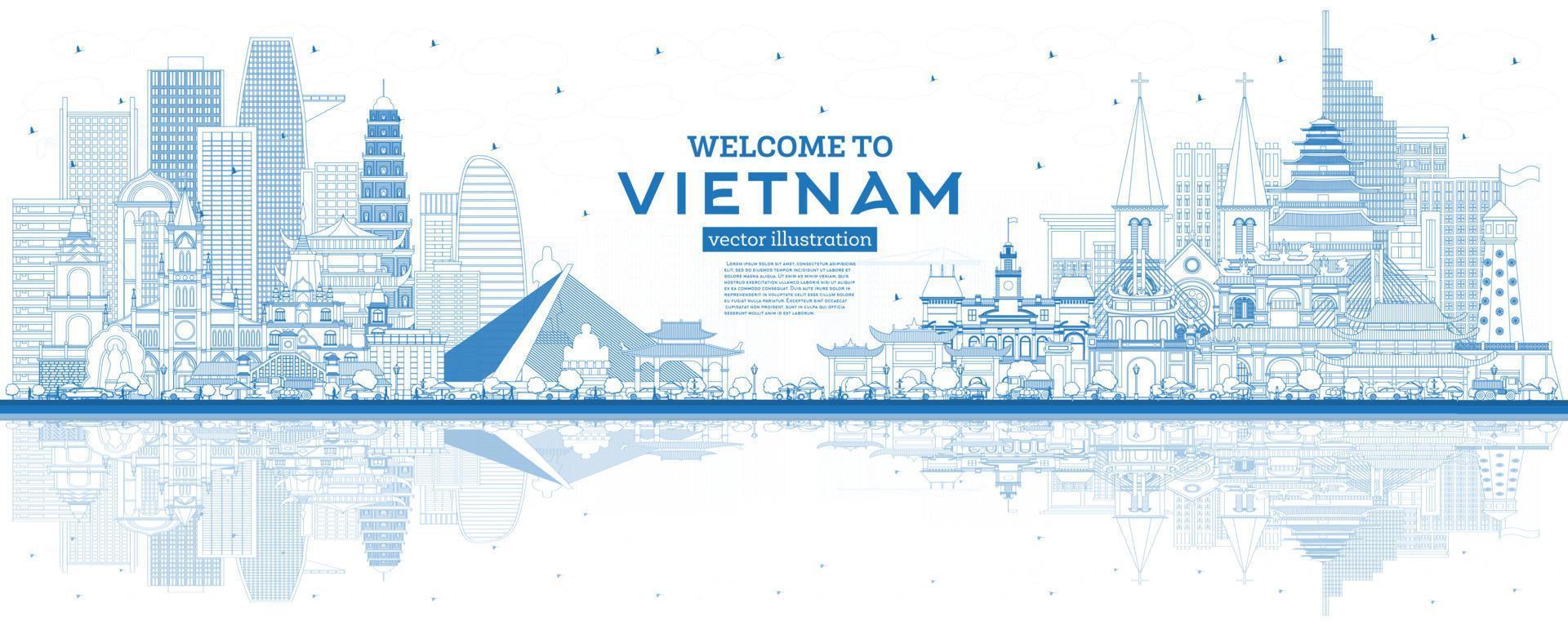 Outline Welcome to Vietnam Skyline with Blue Buildings and Reflections. vector