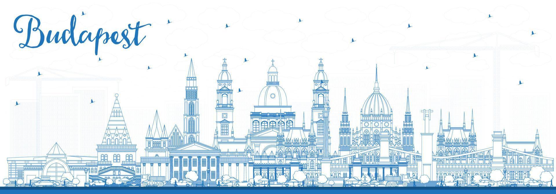 Outline Budapest Hungary City Skyline with Blue Buildings. vector