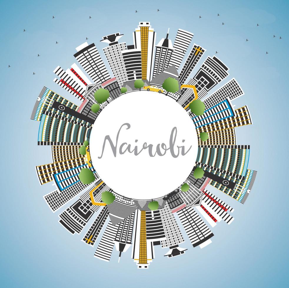 el horizonte de la ciudad de nairobi, kenia, con edificios de colores, cielo azul y espacio para copiar. vector