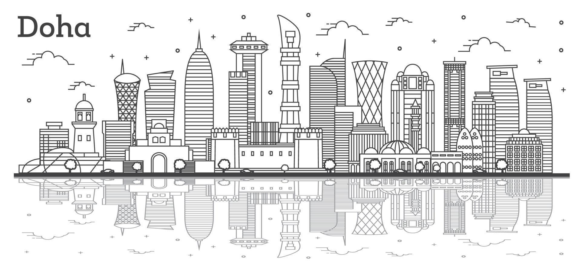 Outline Doha Qatar City Skyline with Modern Buildings and Reflections Isolated on White. vector