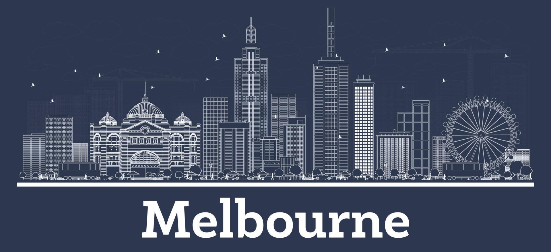 Outline Melbourne Australia City Skyline with White Buildings. vector