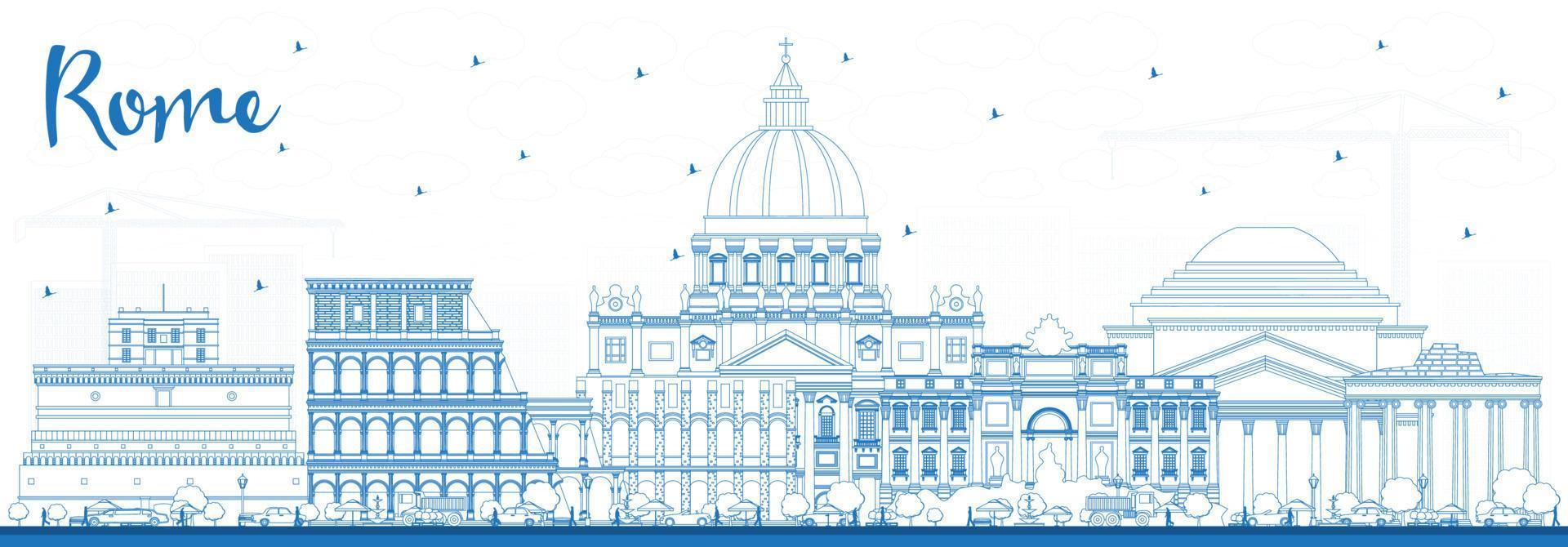 Outline Rome Italy City Skyline with Blue Buildings. vector