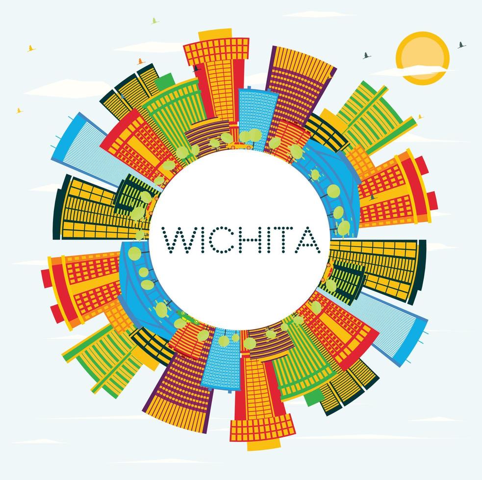 Wichita Kansas USA City Skyline with Color Buildings, Blue Sky and Copy Space. vector