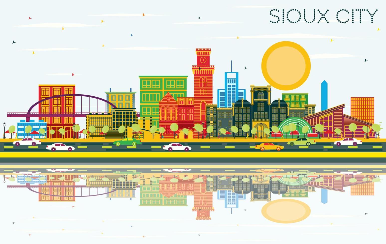 Sioux City Iowa Skyline with Color Buildings, Blue Sky and Reflections. vector