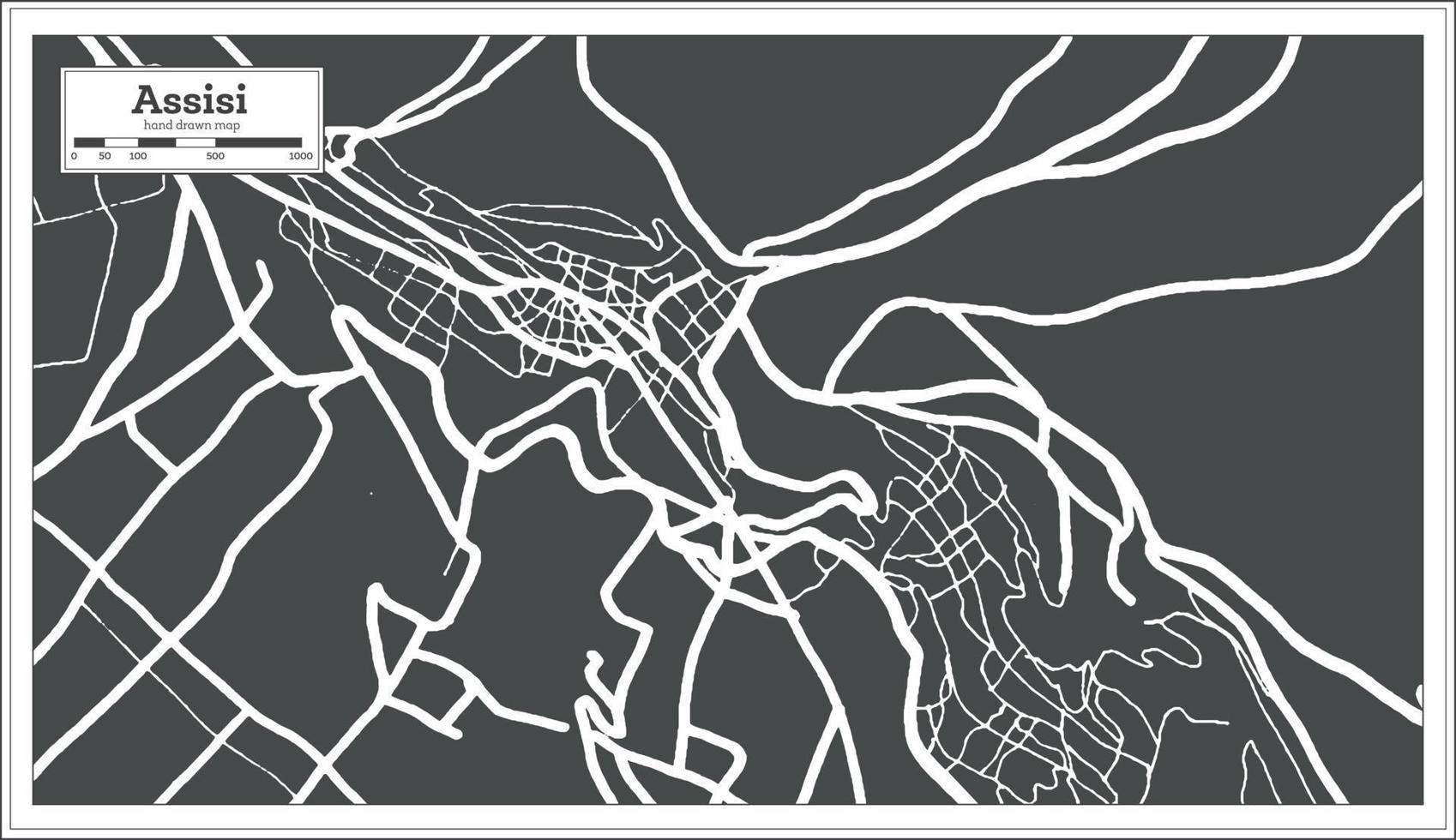 mapa de la ciudad de asís italia en color blanco y negro en estilo retro. esquema del mapa. vector