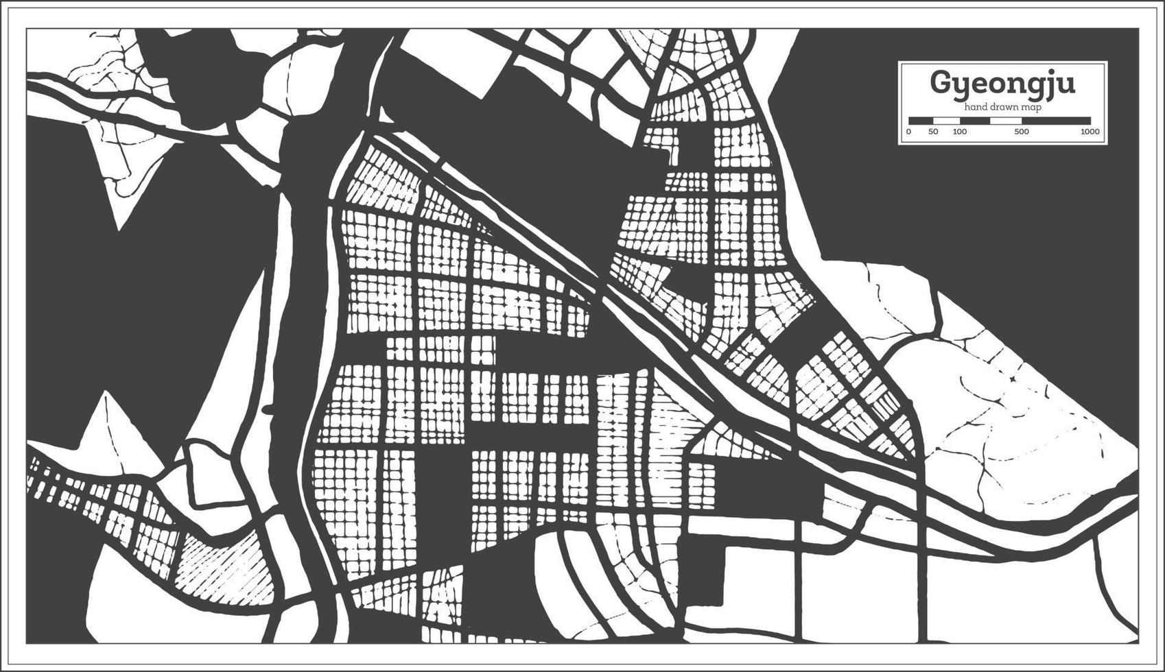 mapa de la ciudad de gyeongju corea del sur en color blanco y negro en estilo retro. vector