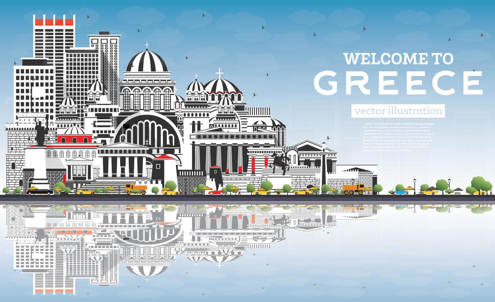 bienvenidos al horizonte de la ciudad de grecia con edificios grises, cielo azul y reflejos. vector