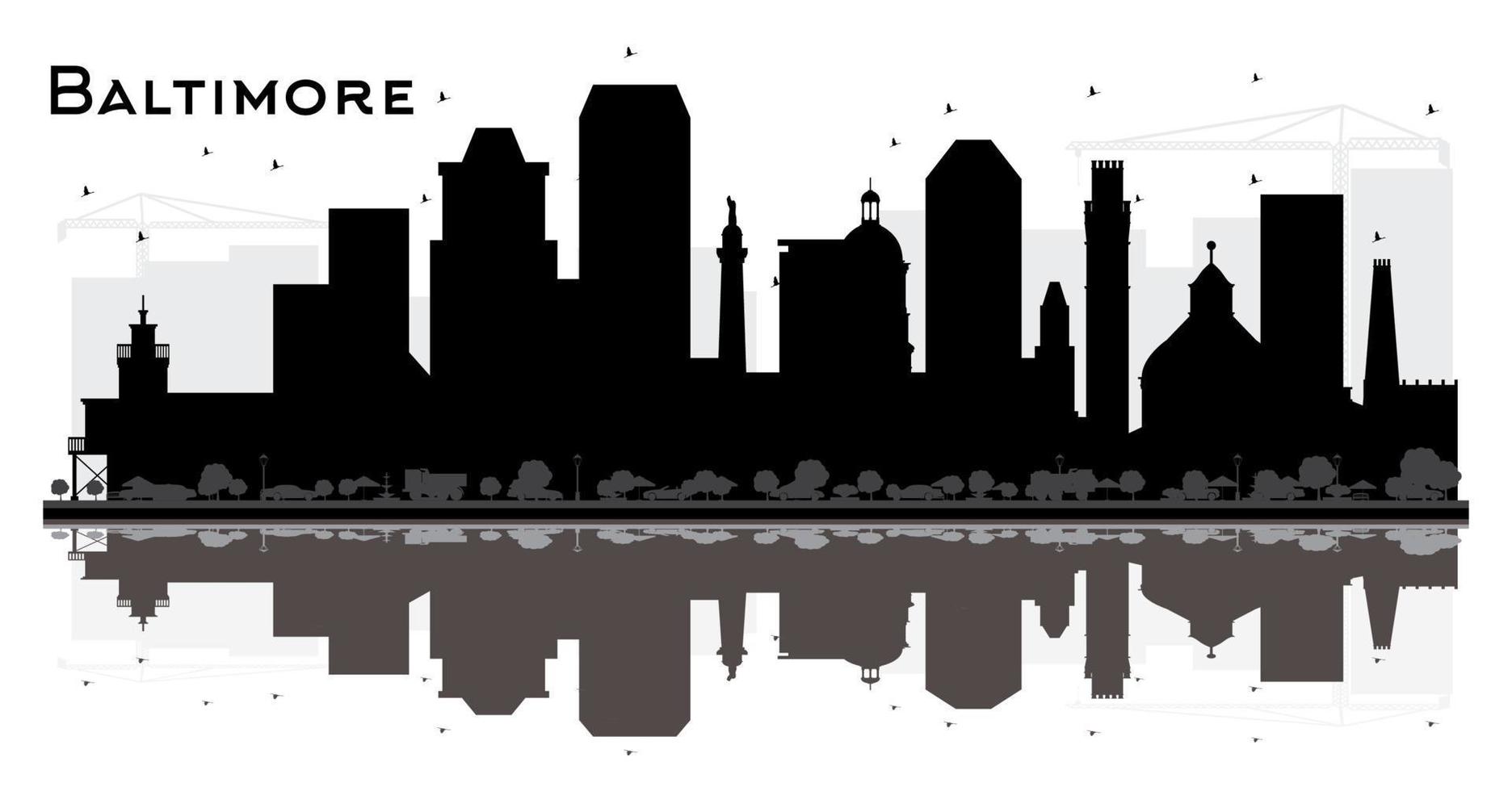 Baltimore Maryland City Skyline Silhouette with Black Buildings and Reflections Isolated on White. vector