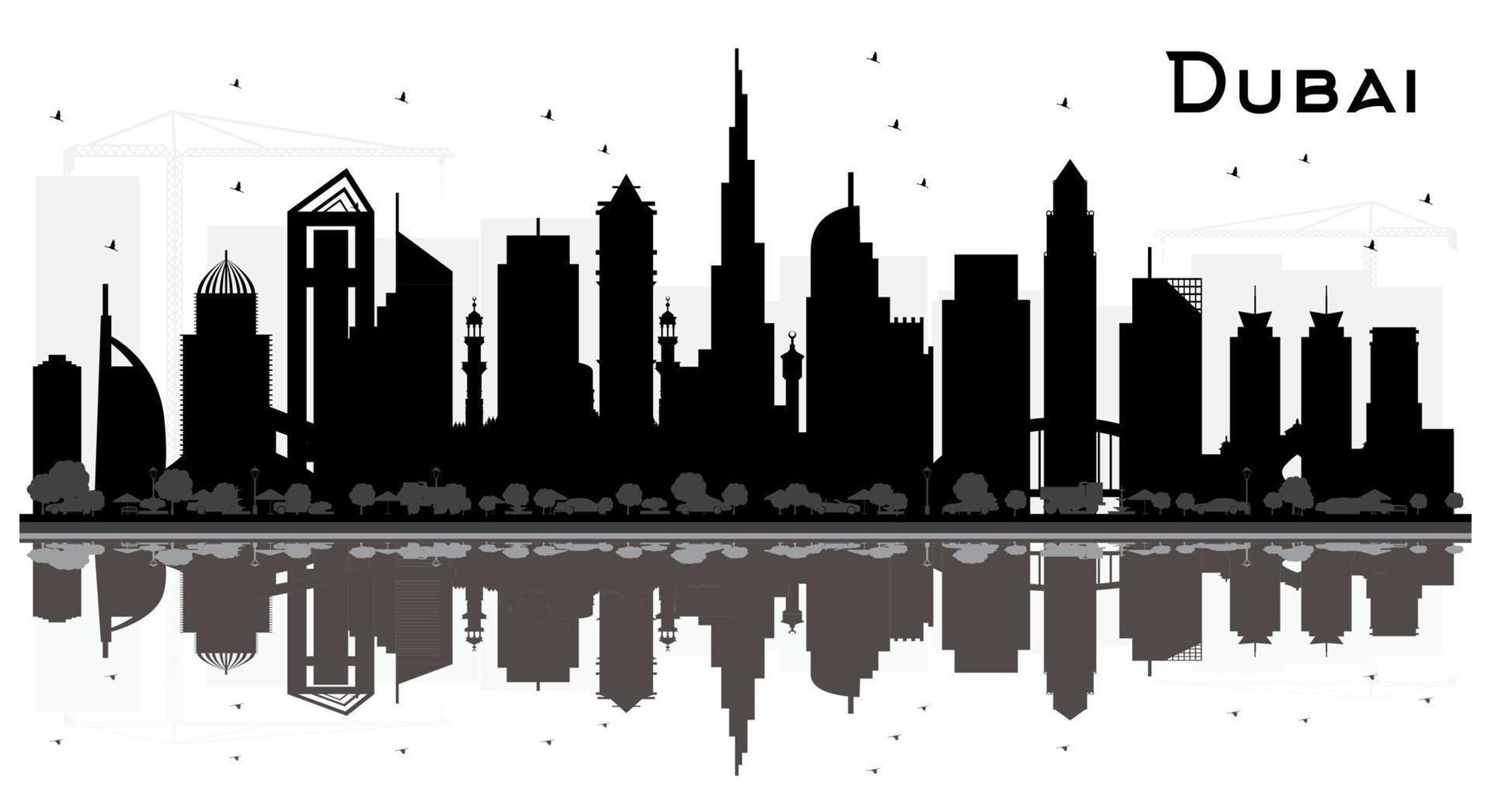 silueta del horizonte de la ciudad de Dubai, Emiratos Árabes Unidos, con edificios negros aislados en blanco. vector