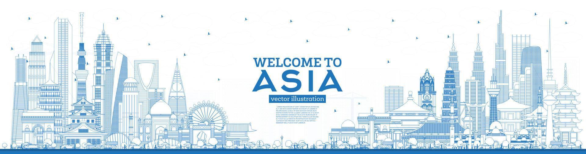 Outline Welcome to Asia Skyline with Blue Buildings. vector