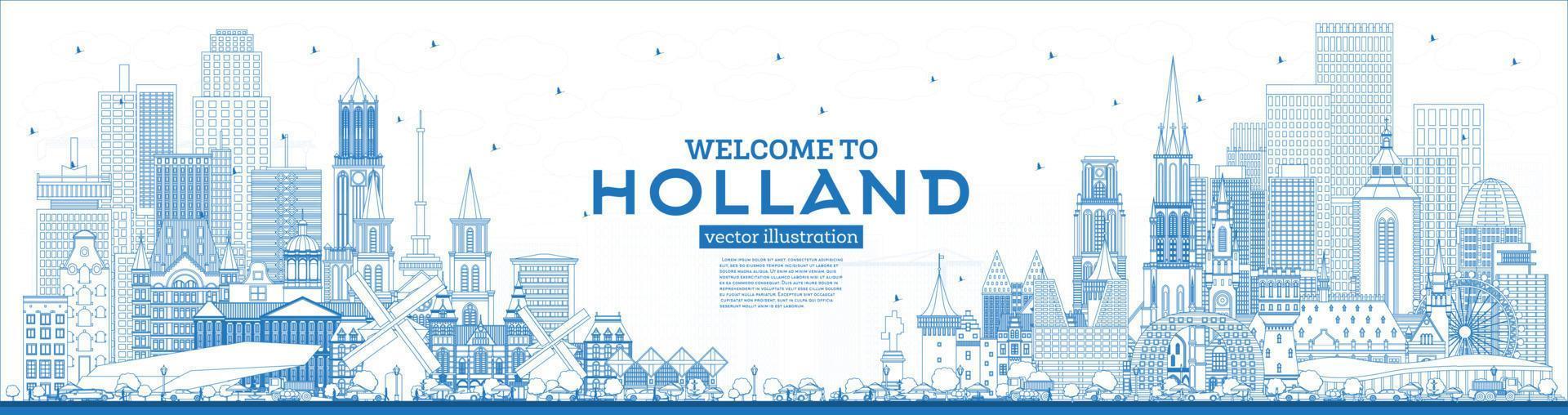 Outline Welcome to Netherlands Skyline with Blue Buildings. vector