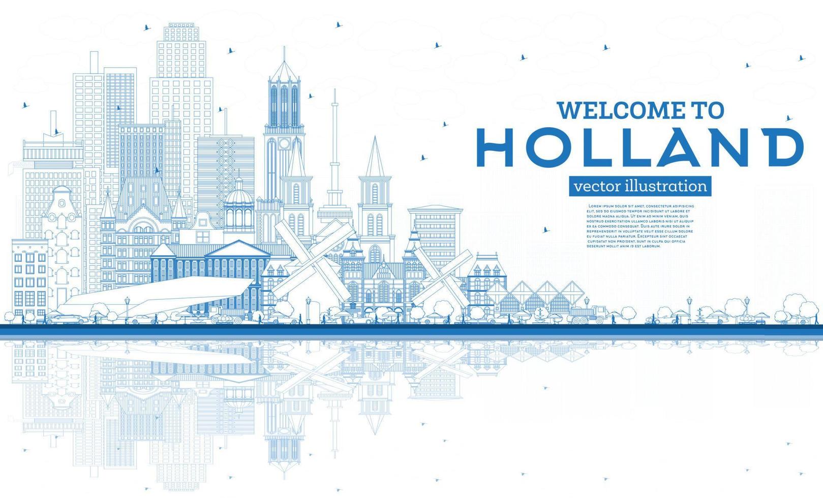 Outline Welcome to Netherlands Skyline with Blue Buildings. vector