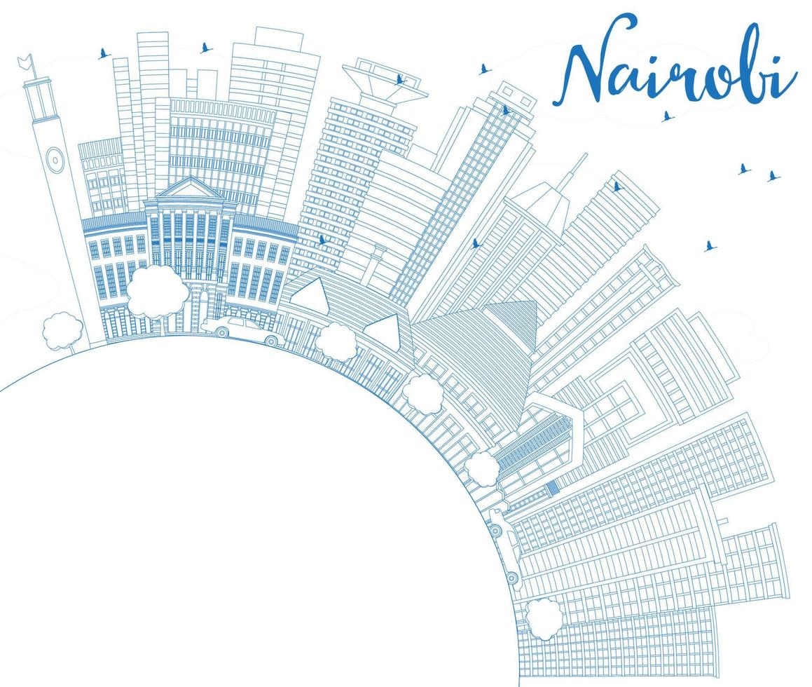 Outline Nairobi Kenya City Skyline with Blue Buildings and Copy Space. vector