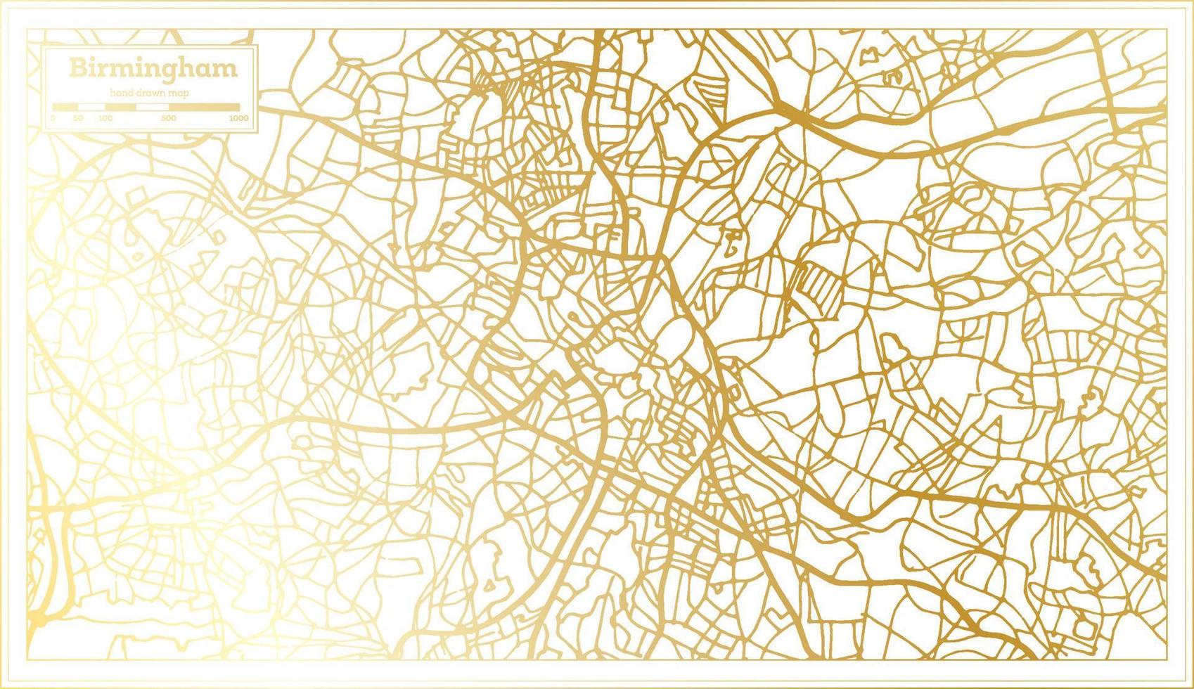 mapa de la ciudad de birmingham uk en estilo retro en color dorado. esquema del mapa. vector