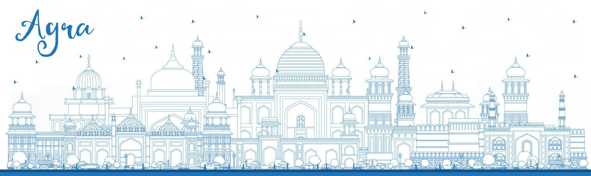 Outline Agra India City Skyline with Blue Buildings. vector