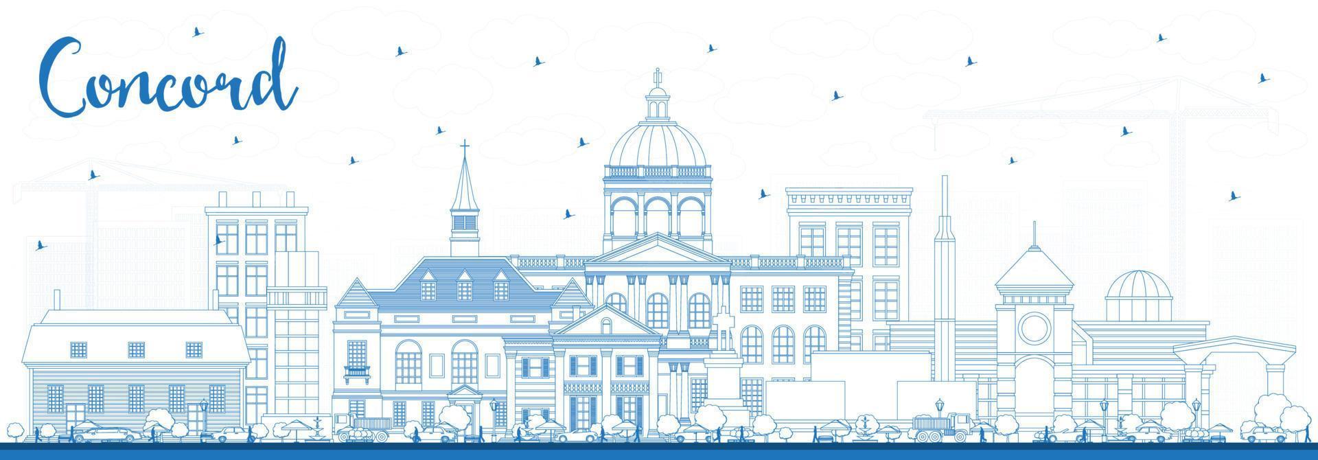 delinear el horizonte de la ciudad de concord new hampshire con edificios azules. vector