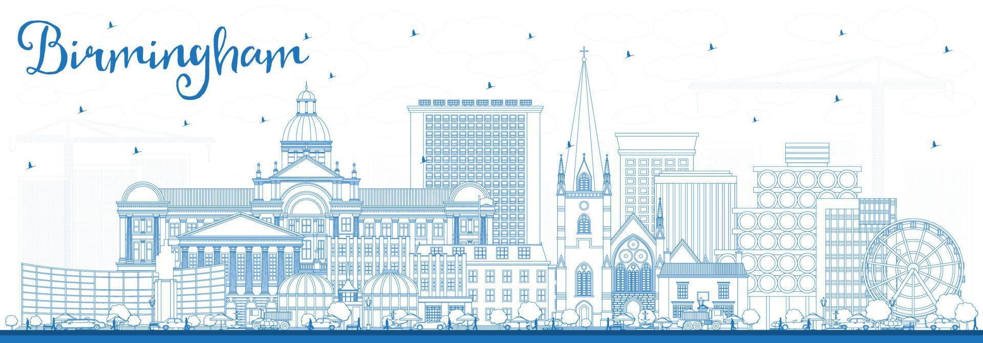 Outline Birmingham UK City Skyline with Blue Buildings. vector