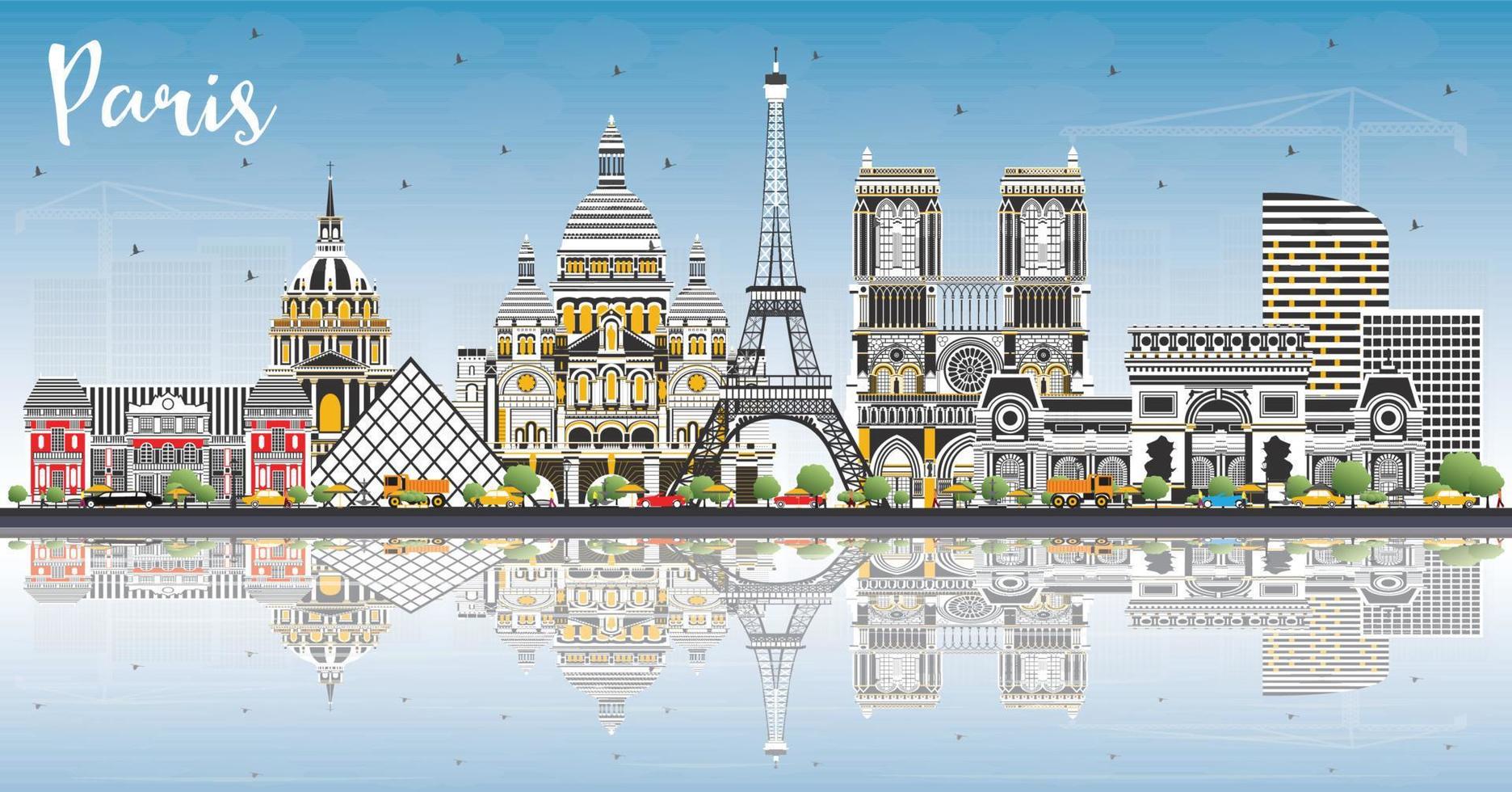 Paris France City Skyline with Color Buildings, Blue Sky and Reflections. vector