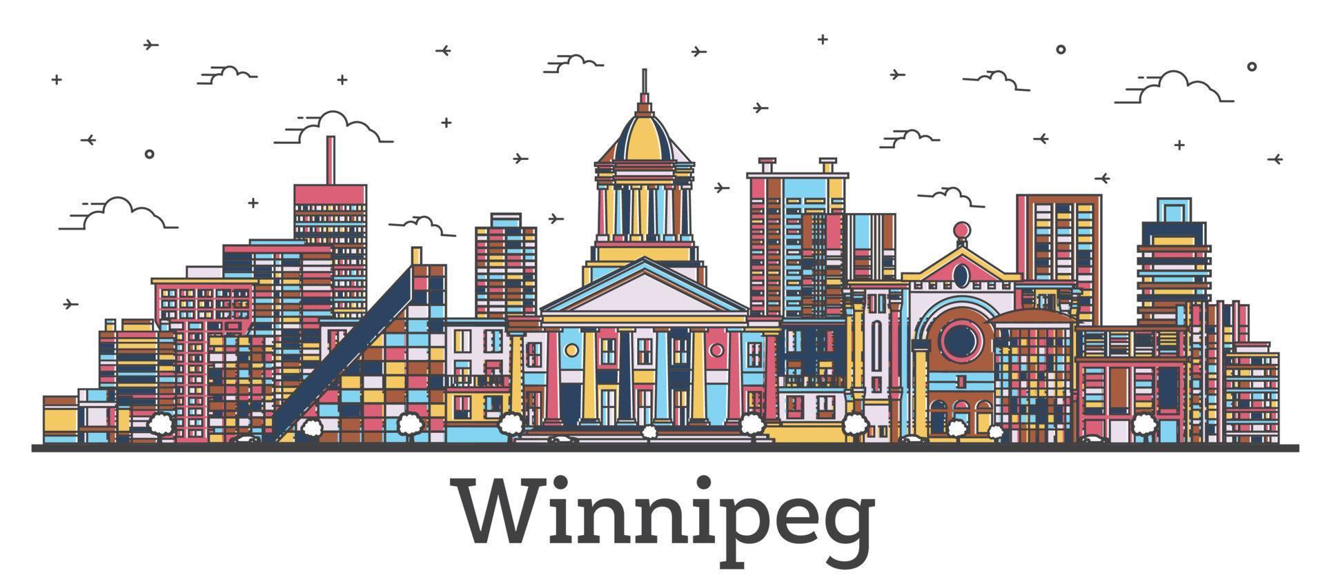 delinear el horizonte de la ciudad de Winnipeg, Canadá, con edificios de color aislados en blanco. vector