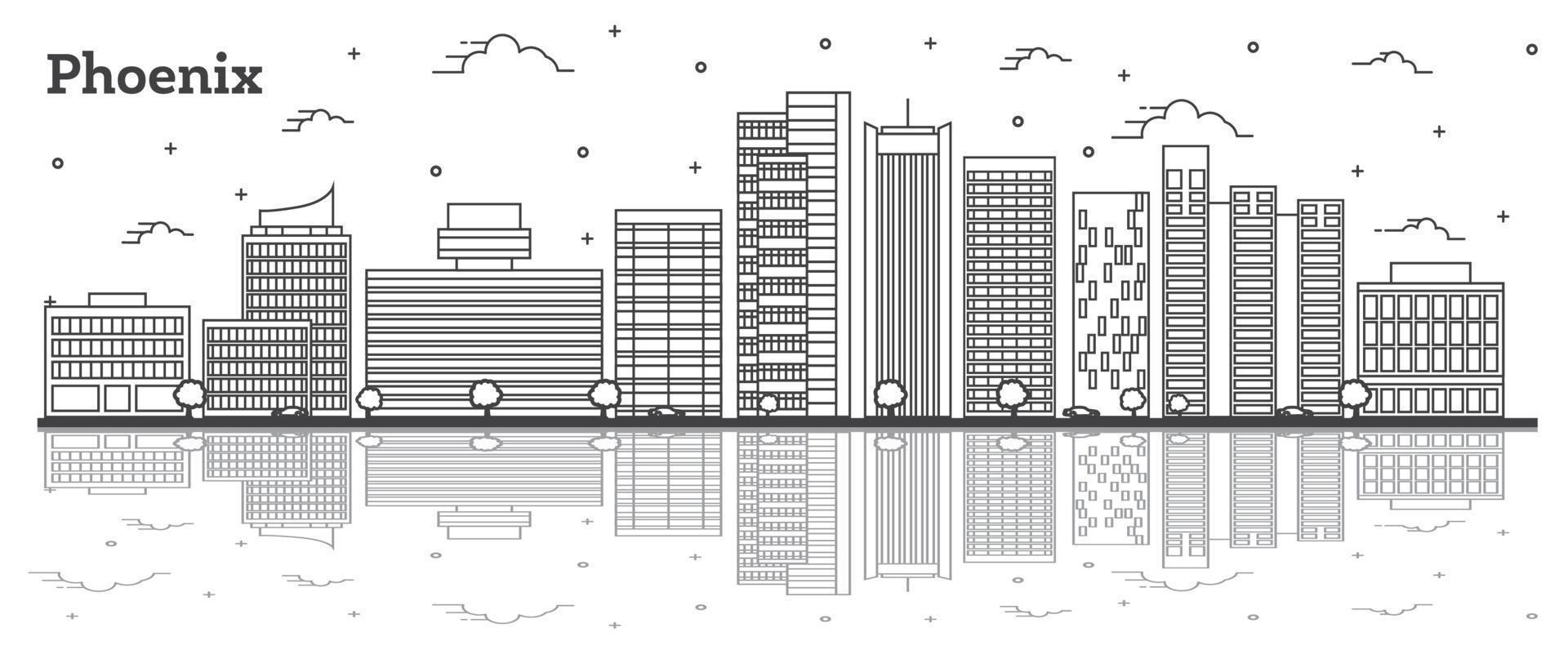 delinear el horizonte de la ciudad de phoenix arizona con edificios modernos y reflejos aislados en blanco. vector