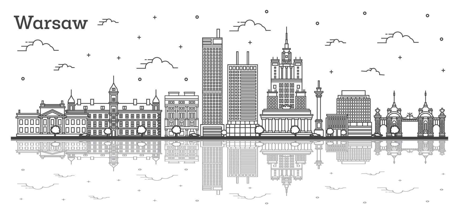 Outline Warsaw Poland City Skyline with Modern Buildings and Reflections Isolated on White. vector