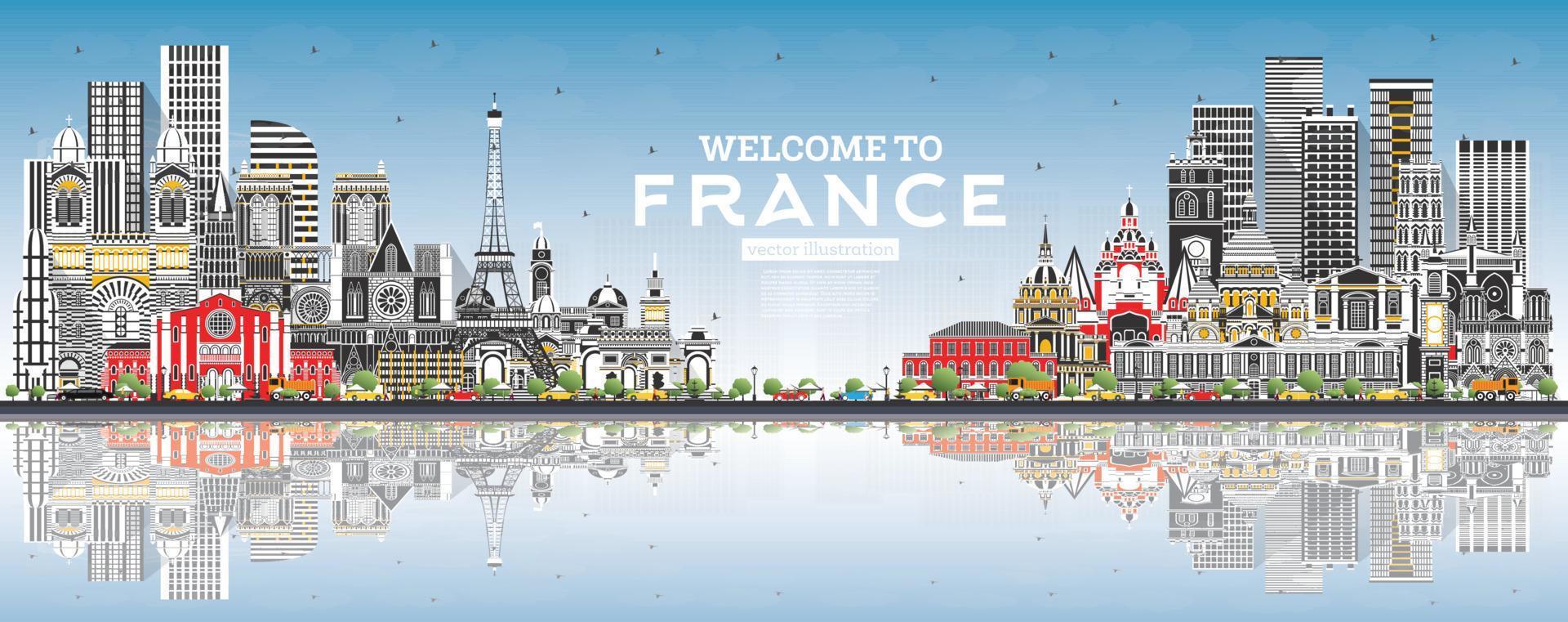 Welcome to France Skyline with Gray Buildings, Blue Sky and Reflections. vector