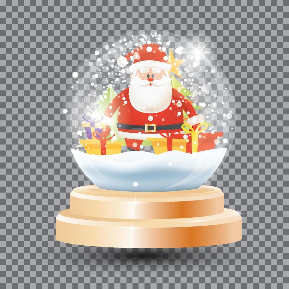 Magic Christmas Crystal Ball with Santa Claus, Gift Boxes and Fir Tree. Glass Souvenir Snow Ball on Transparent Grid. vector