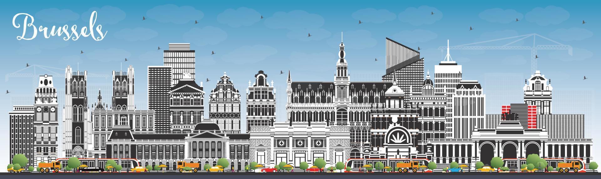 horizonte de la ciudad de bruselas bélgica con edificios de color y cielo azul. vector