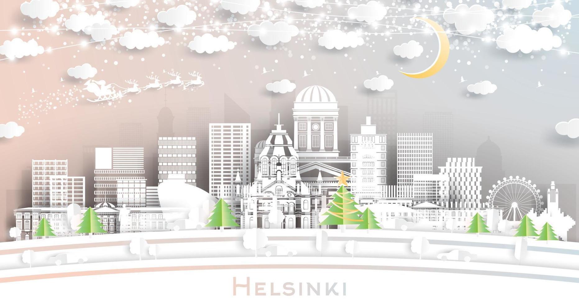 Helsinki Finland City Skyline in Paper Cut Style with Snowflakes, Moon and Neon Garland. vector