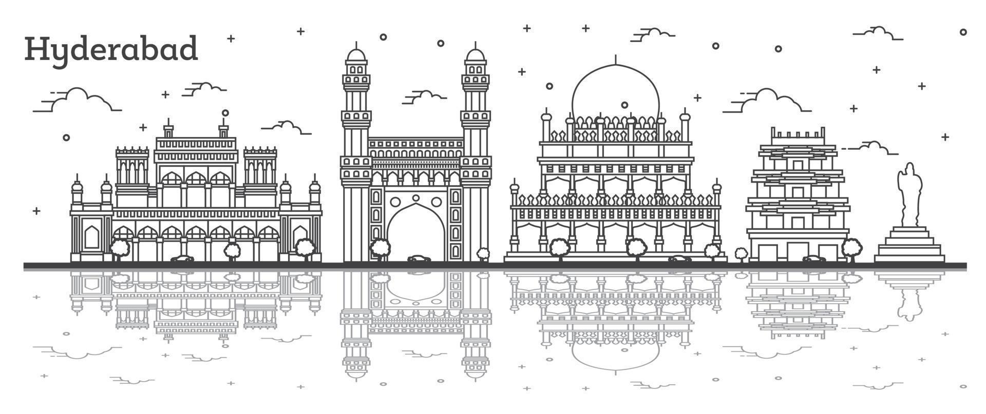 Outline Hyderabad India City Skyline with Historical Buildings and Reflections Isolated on White. vector