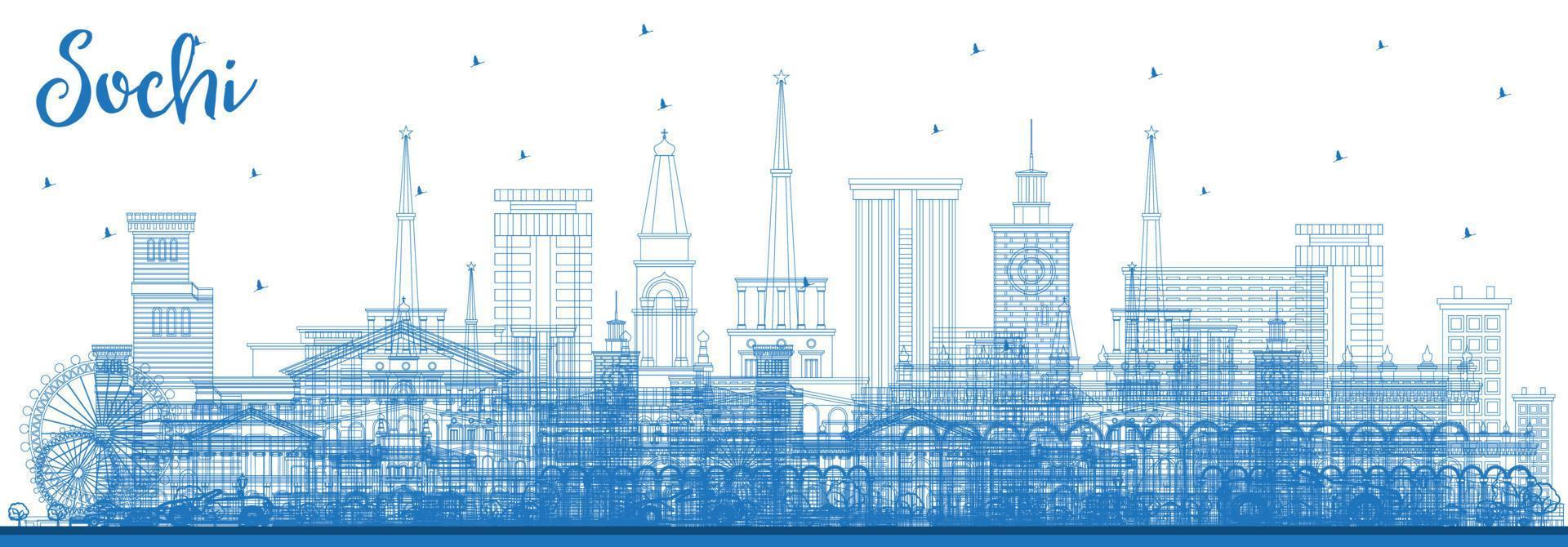 Outline Sochi Russia City Skyline with Blue Buildings. vector