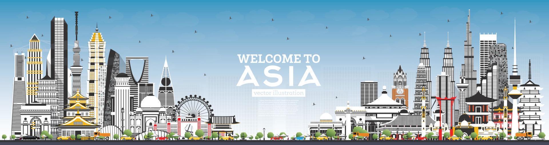 Welcome to Asia Skyline with Gray Buildings and Blue Sky. vector