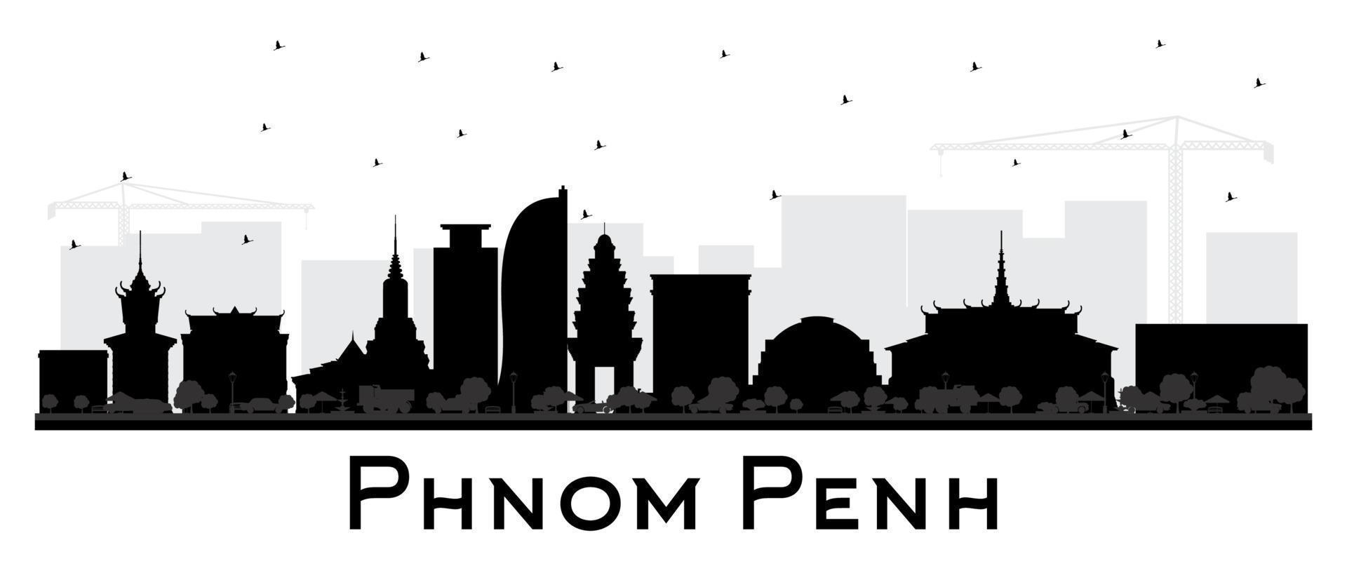 Phnom Penh Cambodia City Skyline Silhouette with Black Buildings Isolated on White. vector