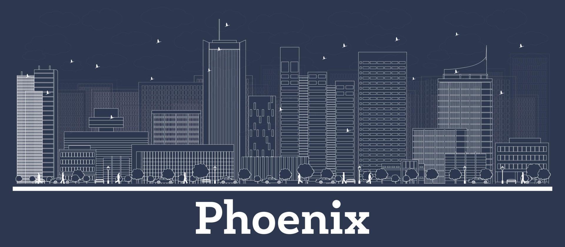 Outline Phoenix Arizona City Skyline with White Buildings. vector