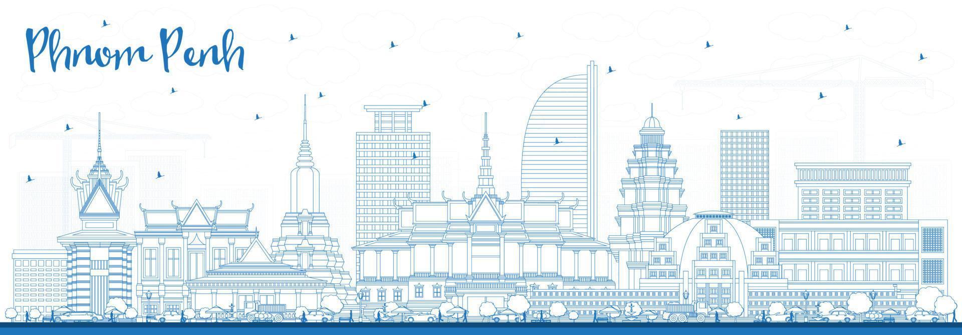 delinear el horizonte de la ciudad de phnom penh, camboya, con edificios azules. vector