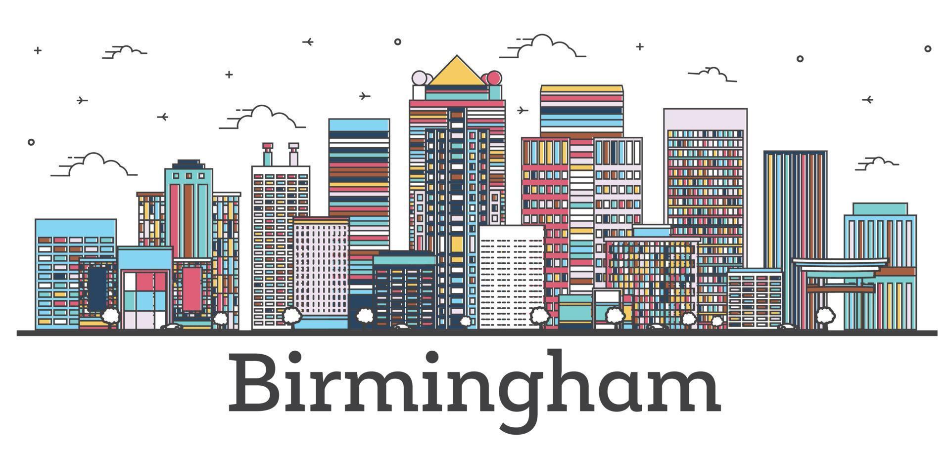 Outline Birmingham Alabama City Skyline with Color Buildings Isolated on White. vector