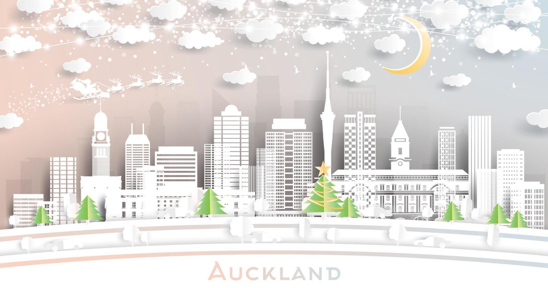 el horizonte de la ciudad de auckland, nueva zelanda, en estilo de corte de papel con copos de nieve, luna y guirnaldas de neón. vector