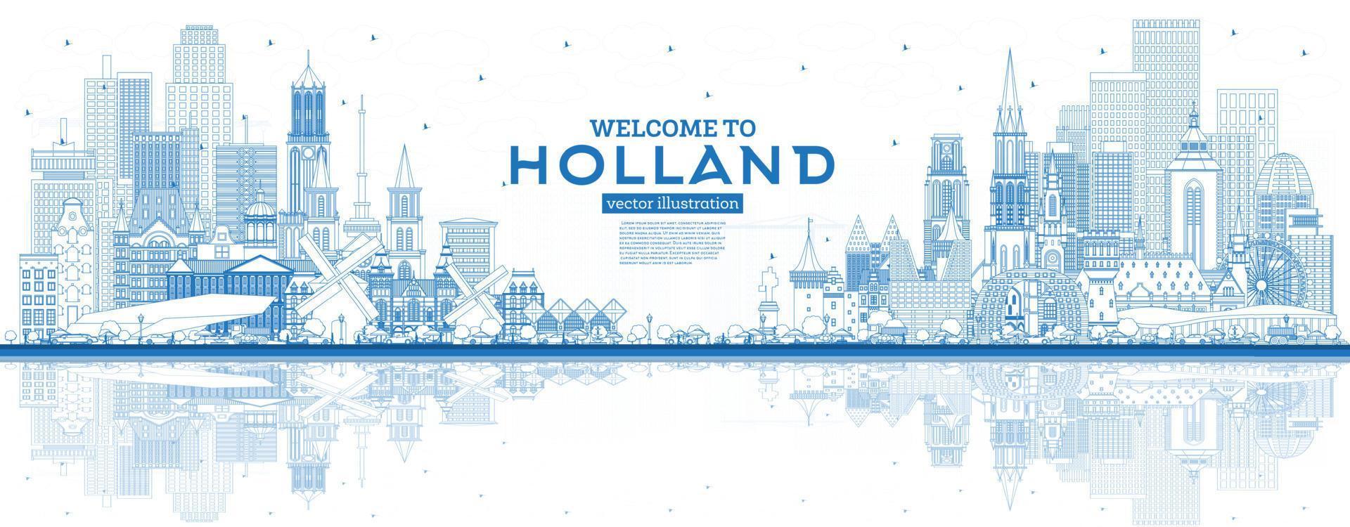 Outline Welcome to Netherlands Skyline with Blue Buildings. vector