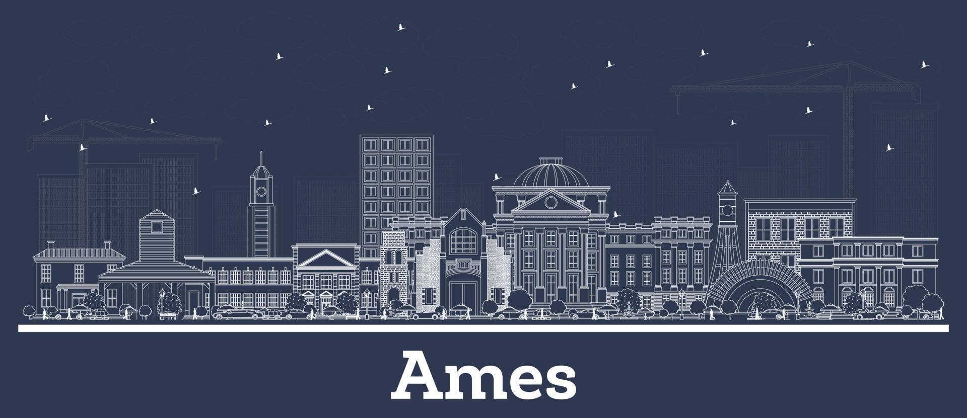 Outline Ames Iowa Skyline with White Buildings. vector