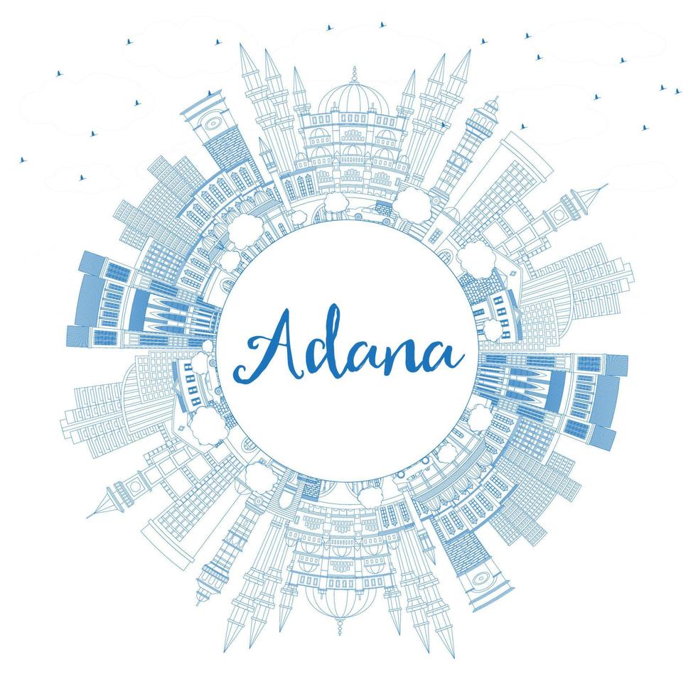 Outline Adana Turkey City Skyline with Blue Buildings and Copy Space. vector
