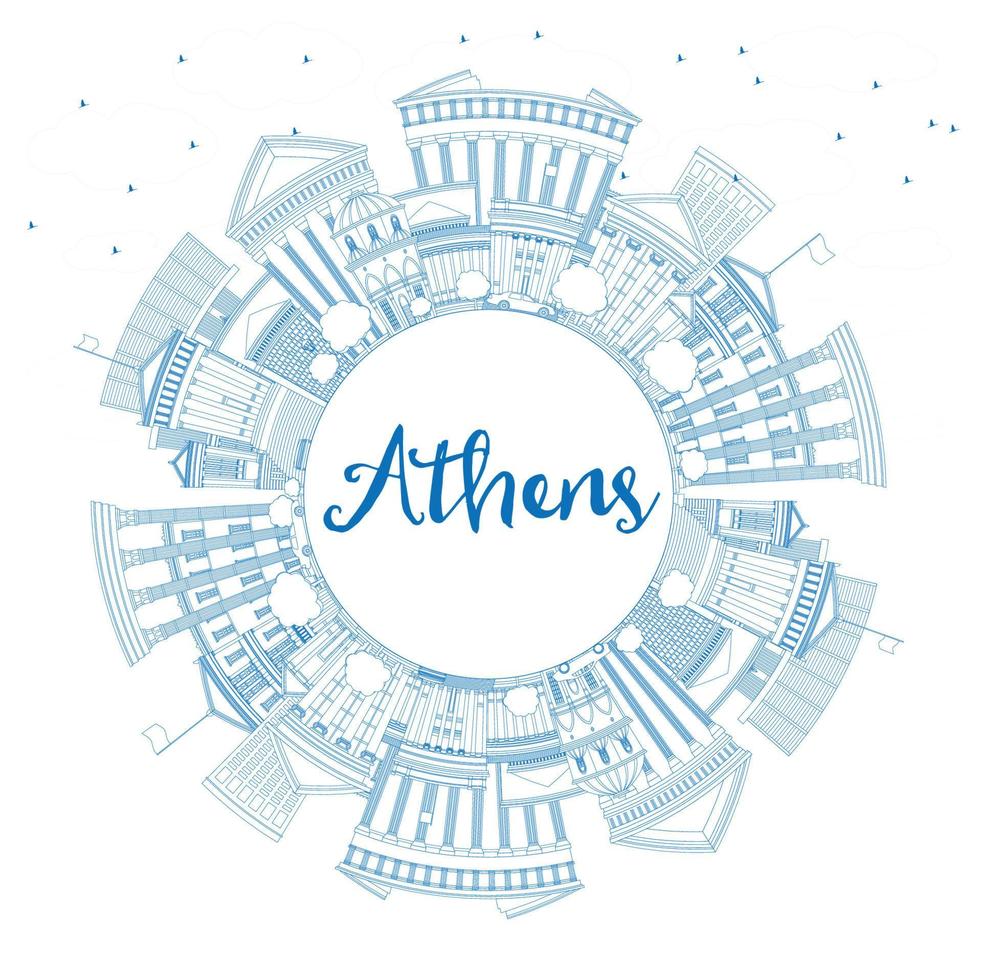 Outline Athens Greece City Skyline with Blue Buildings and Copy Space. vector